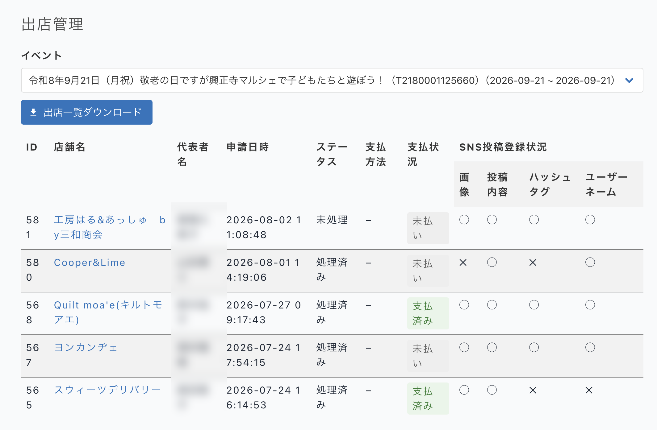 Guildの出店管理画面。申請日時・ステータス・支払状況が一覧で並ぶ